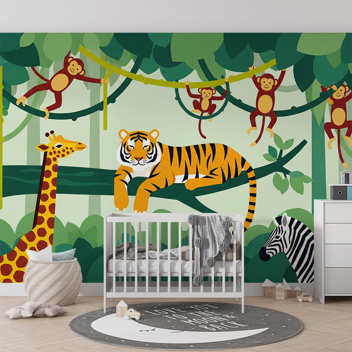 Gyermekszoba tapéta | Dzsungel állatai tigrissel, zsiráfokkal és pajkos majmokkal