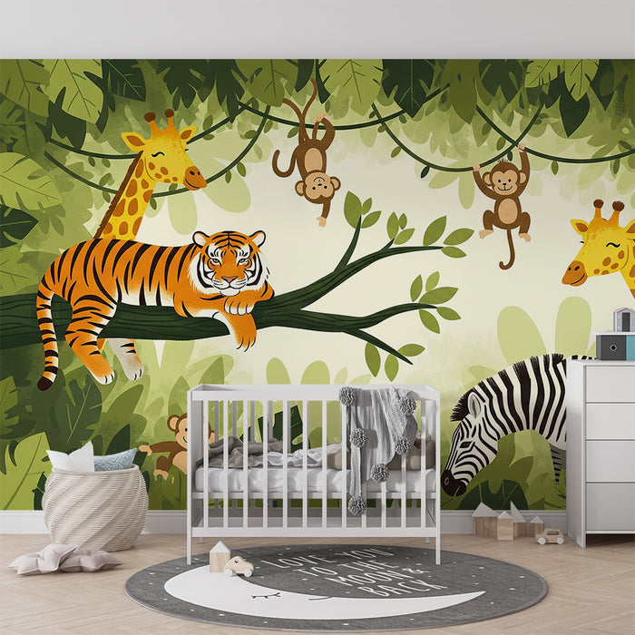 Kinderkamer behang | Jungle dieren met tijger, giraffen en ondeugende apen