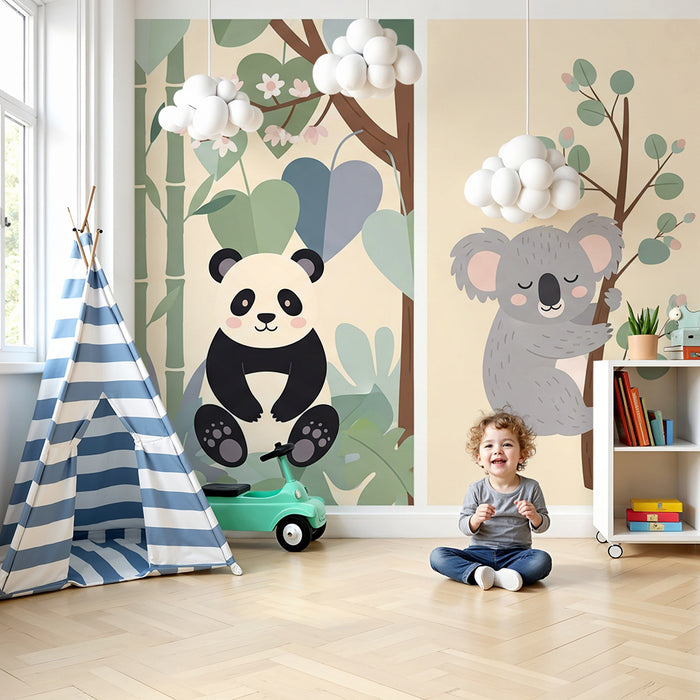 Børneværelses tapet | Jungledyr med tiger, panda, koala og dovendyr