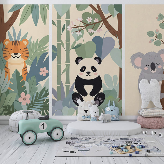 Børneværelses tapet | Jungledyr med tiger, panda, koala og dovendyr