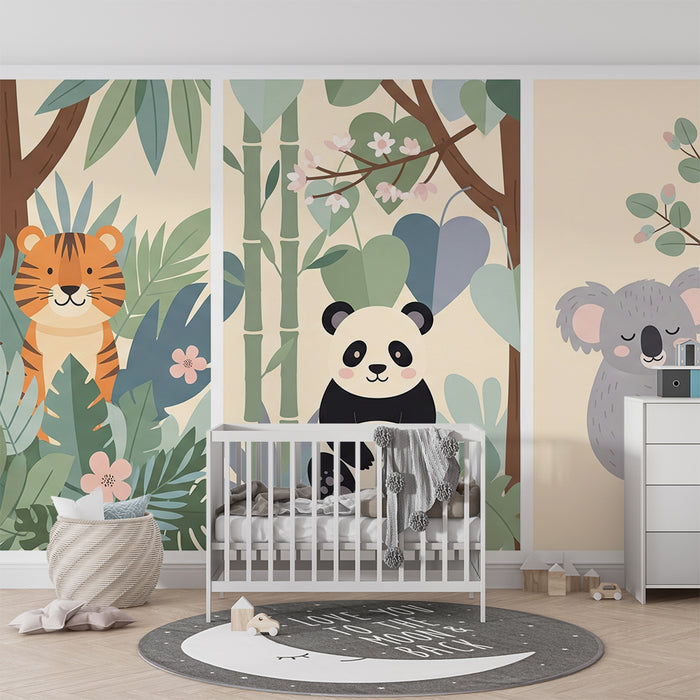 Børneværelses tapet | Jungledyr med tiger, panda, koala og dovendyr