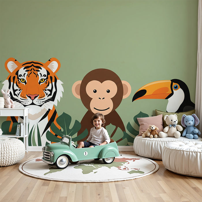 Papier peint chambre enfant | Animaux de la jungle avec tigre, singe et toucan