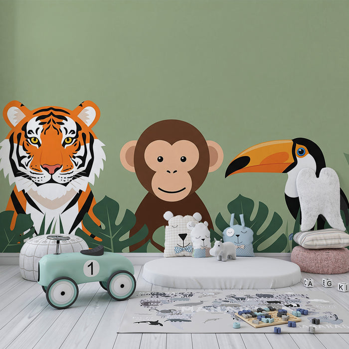 Papier peint chambre enfant | Animaux de la jungle avec tigre, singe et toucan