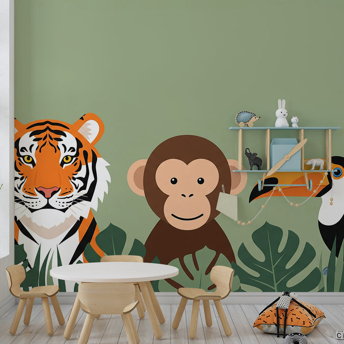 Papier peint chambre enfant | Animaux de la jungle avec tigre, singe et toucan