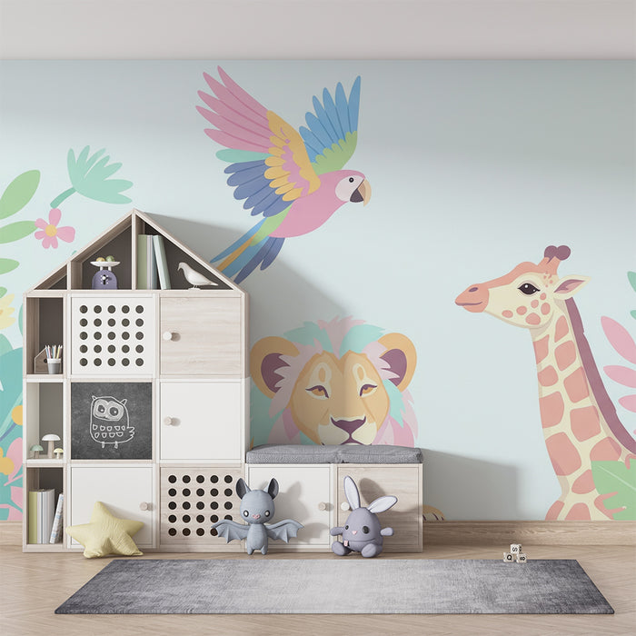 Papel de parede criança | Selva com um leão, uma girafa e um papagaio colorido