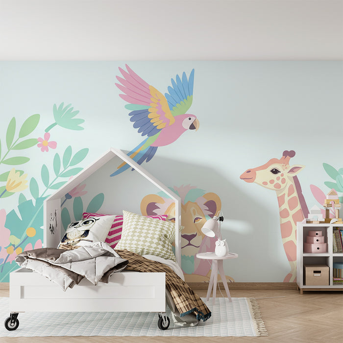 Papel de parede criança | Selva com um leão, uma girafa e um papagaio colorido