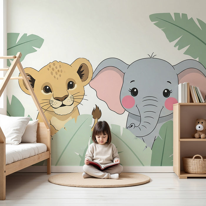 Tapet barnerom | Jungeldyr med en løveunge, en elefant og en papegøye