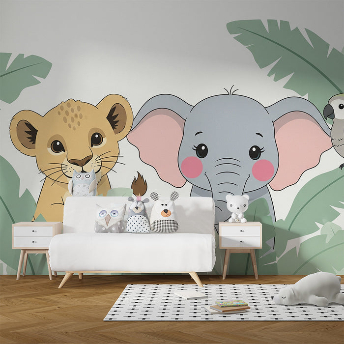 Tapet barnerom | Jungeldyr med en løveunge, en elefant og en papegøye