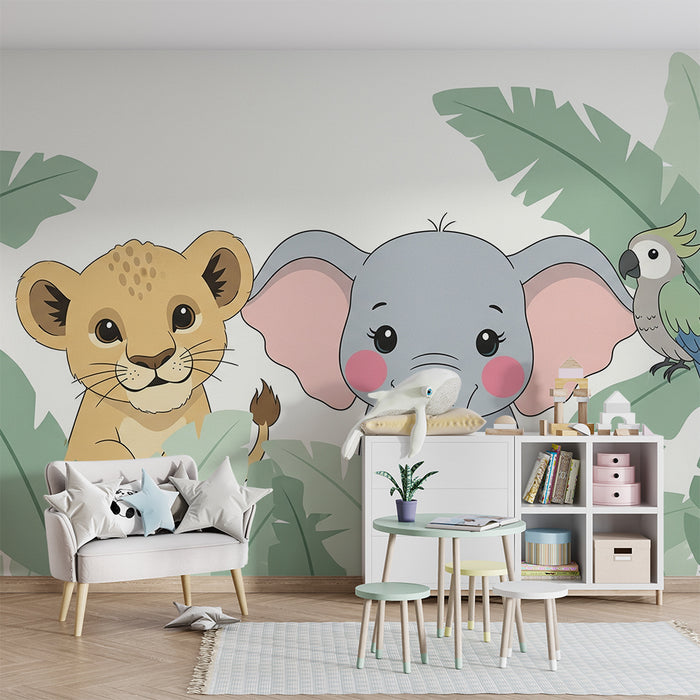 Tapet barnerom | Jungeldyr med en løveunge, en elefant og en papegøye