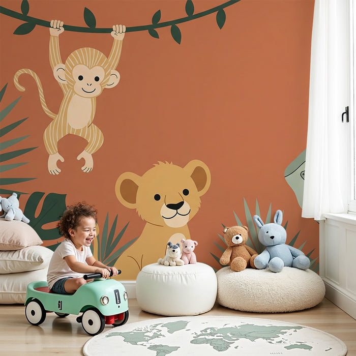 Lastenhuoneen tapetti | Viidakon eläimiä apina, leijona ja elefantti terrakotanvärisellä taustalla