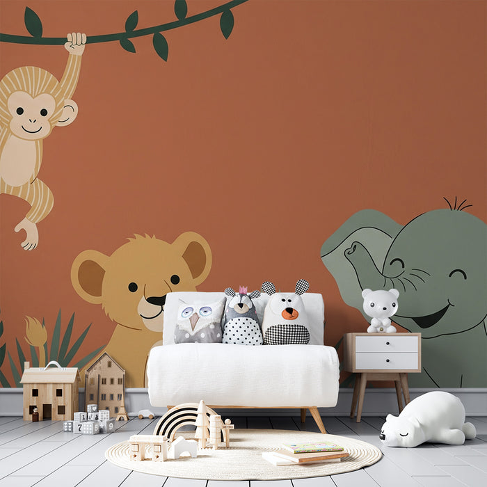 Lastenhuoneen tapetti | Viidakon eläimiä apina, leijona ja elefantti terrakotanvärisellä taustalla