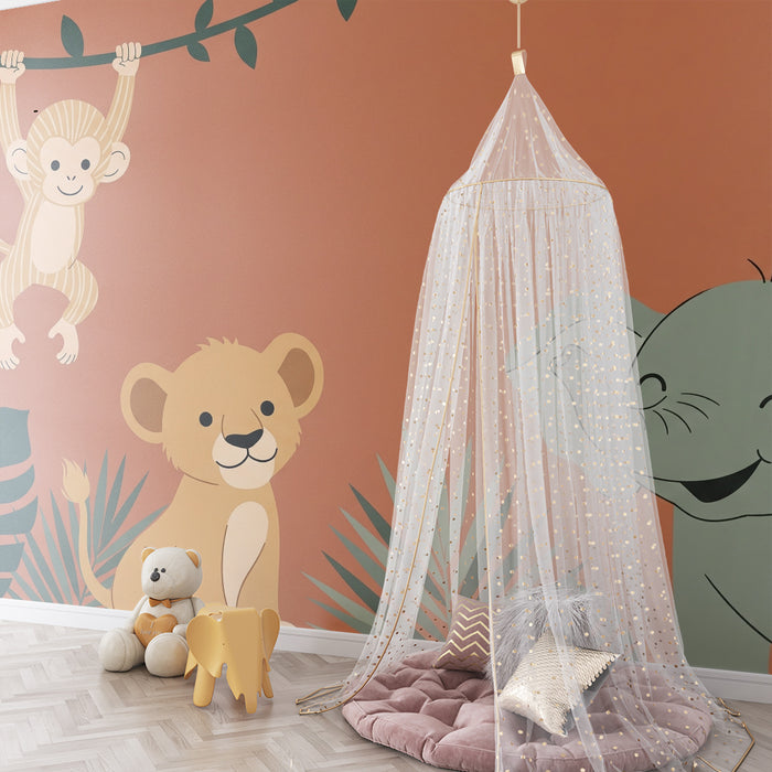 Lastenhuoneen tapetti | Viidakon eläimiä apina, leijona ja elefantti terrakotanvärisellä taustalla