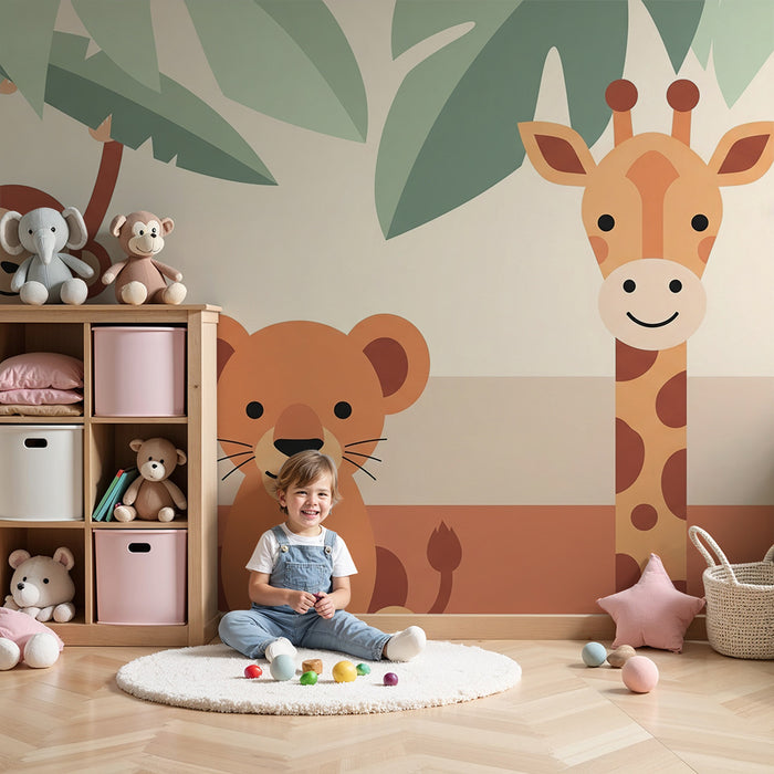 Kids room wallpaper | Jungle animals with a monkey, a lion, and a smiling giraffe