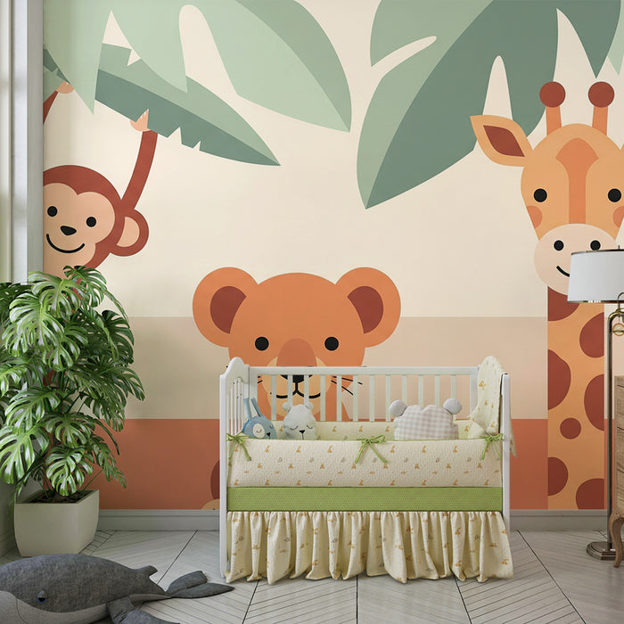 Kids room wallpaper | Jungle animals with a monkey, a lion, and a smiling giraffe