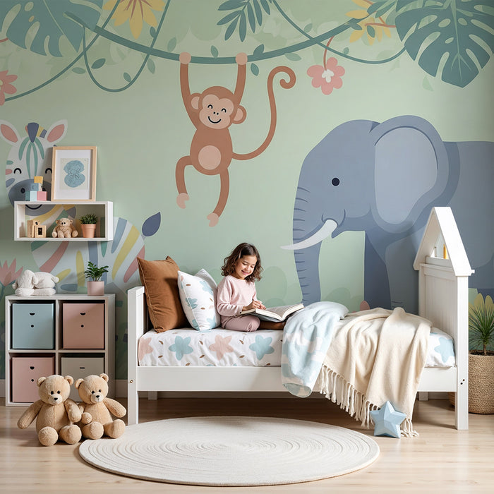 Barntapet | Djungeldjur med en zebra, en elefant och en glad apa