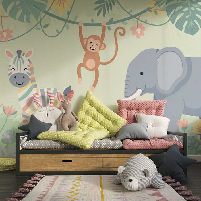 Barntapet | Djungeldjur med en zebra, en elefant och en glad apa