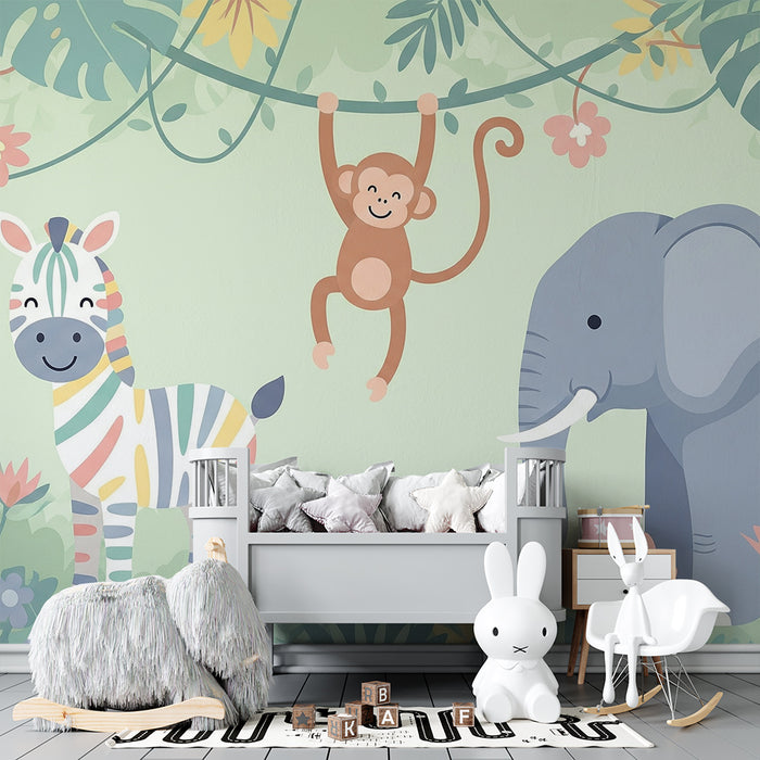 Barntapet | Djungeldjur med en zebra, en elefant och en glad apa