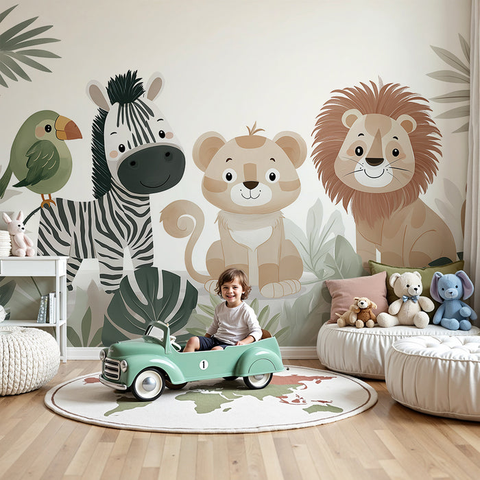 Papier de parede dječje sobe | Džungla životinja s zebrama, lavom i papagajem