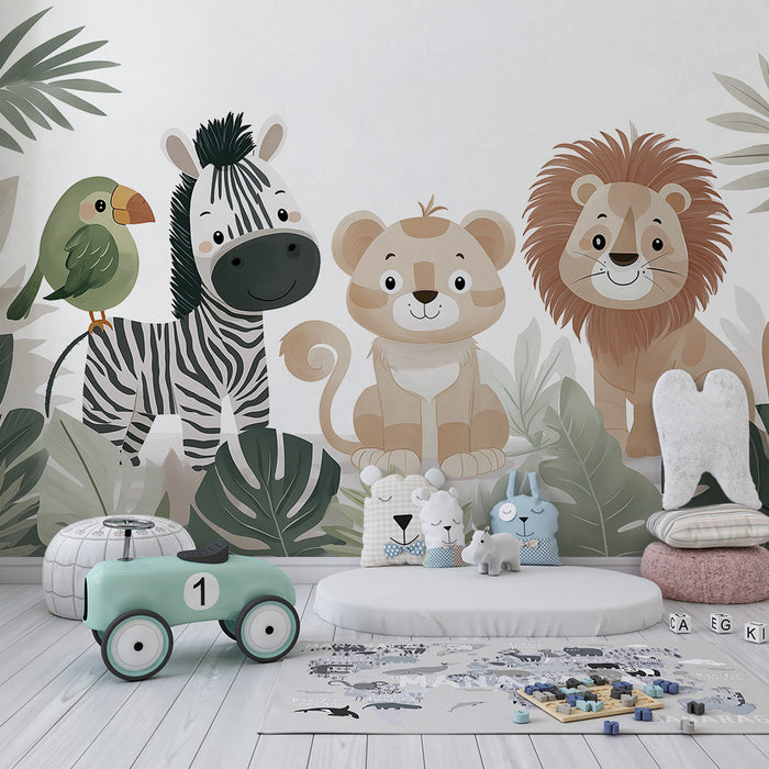 Papier de parede dječje sobe | Džungla životinja s zebrama, lavom i papagajem