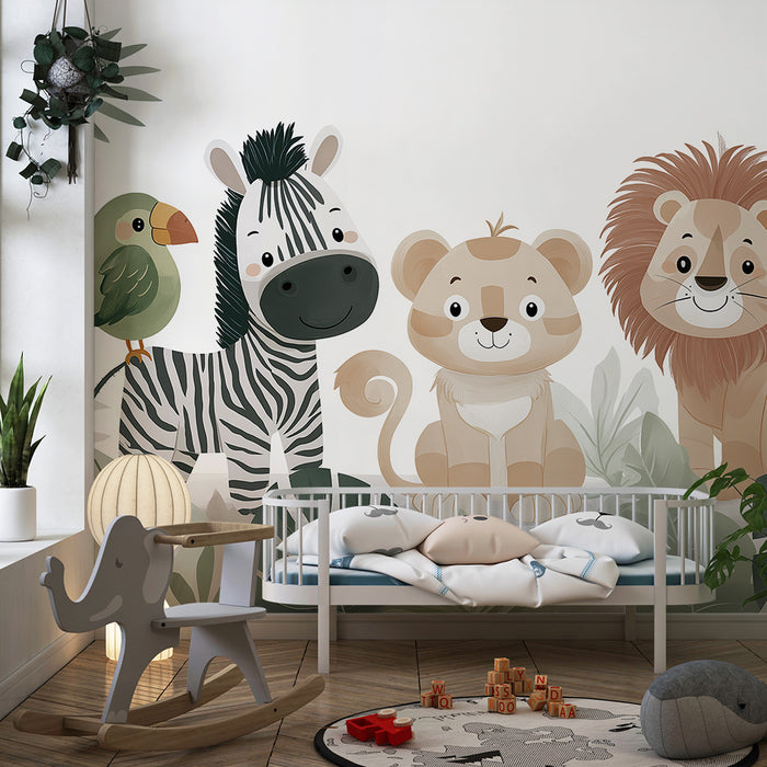 Papier de parede dječje sobe | Džungla životinja s zebrama, lavom i papagajem