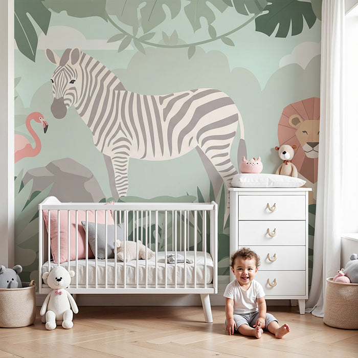 Tapet za detska staia | Dzhunglata s zebra, flamingo i l'v