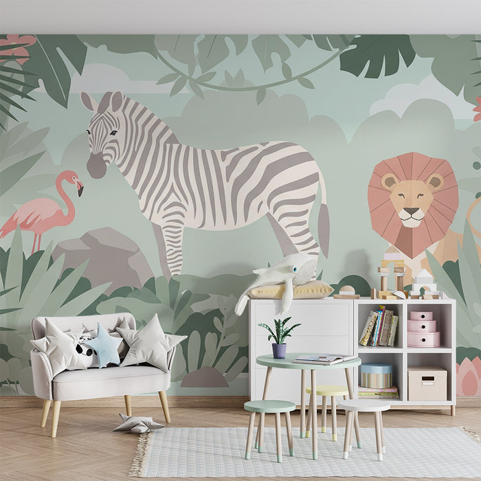 Tapet za detska staia | Dzhunglata s zebra, flamingo i l'v