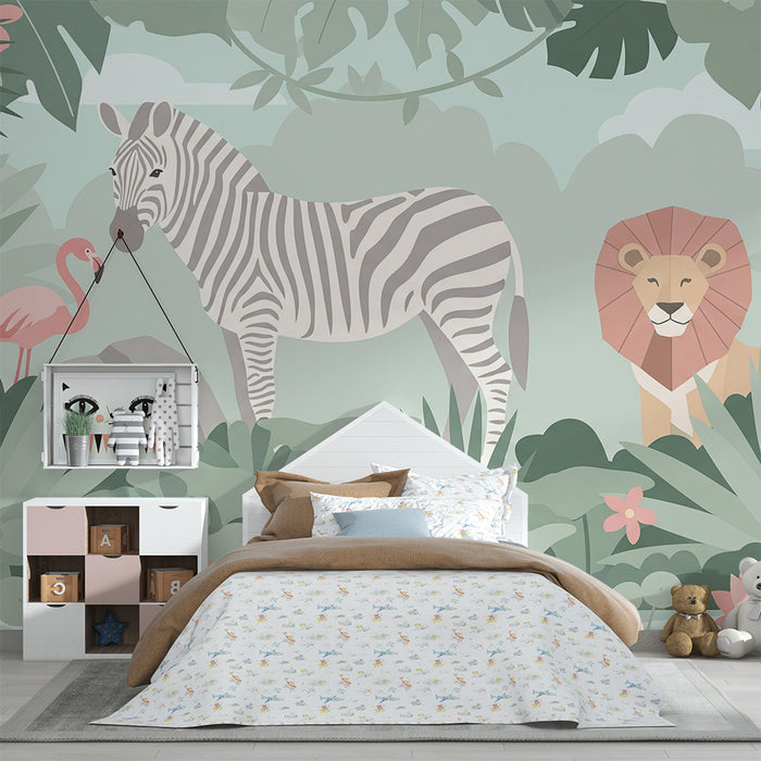 Tapet za detska staia | Dzhunglata s zebra, flamingo i l'v