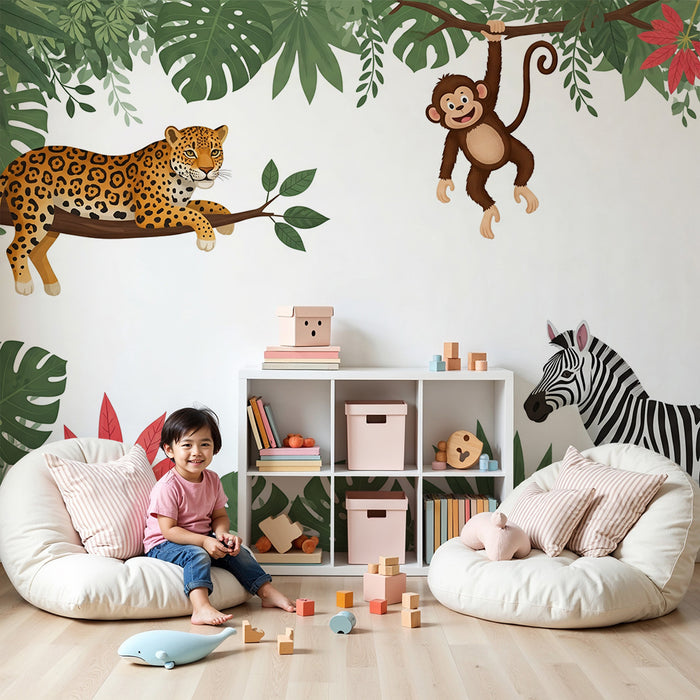 Børnetapet | Jungle-dyr med zebra, abe og leopard