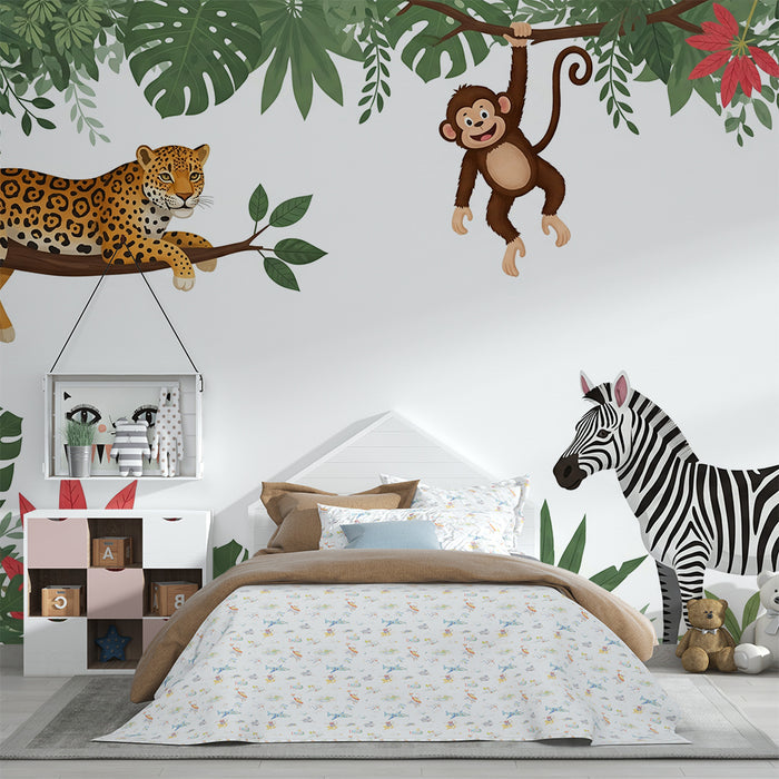 Børnetapet | Jungle-dyr med zebra, abe og leopard
