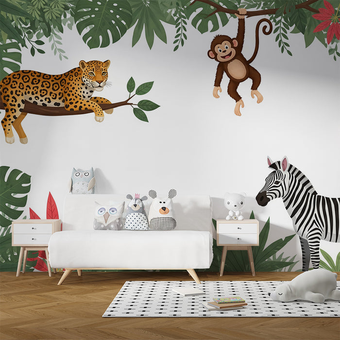 Børnetapet | Jungle-dyr med zebra, abe og leopard