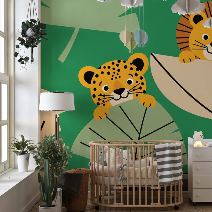 Kids room wallpaper | Jungle animals playing hide and seek in the leaves