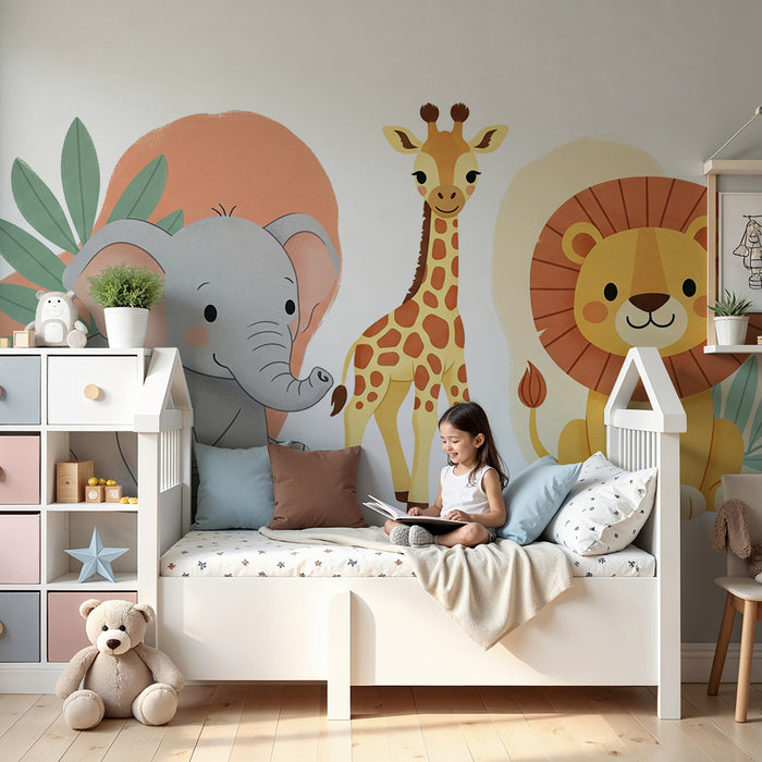 Tapet za detska staia | Sladki dzhunglavi zhivotni - slon, zhiraf i luvitsa