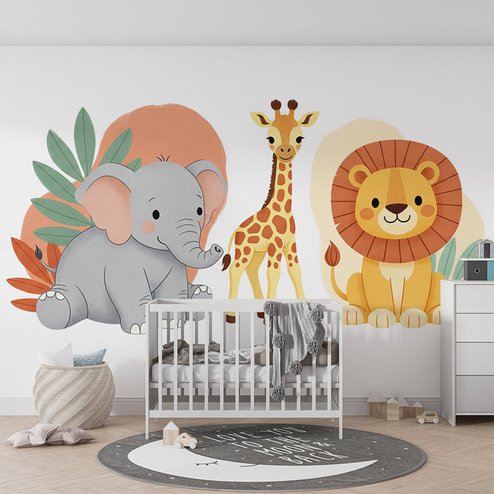Tapet za detska staia | Sladki dzhunglavi zhivotni - slon, zhiraf i luvitsa