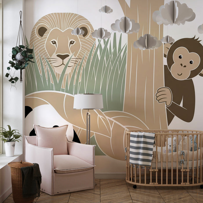 Kinderzimmer Tapete | Versteckspiel im Dschungel mit Tieren