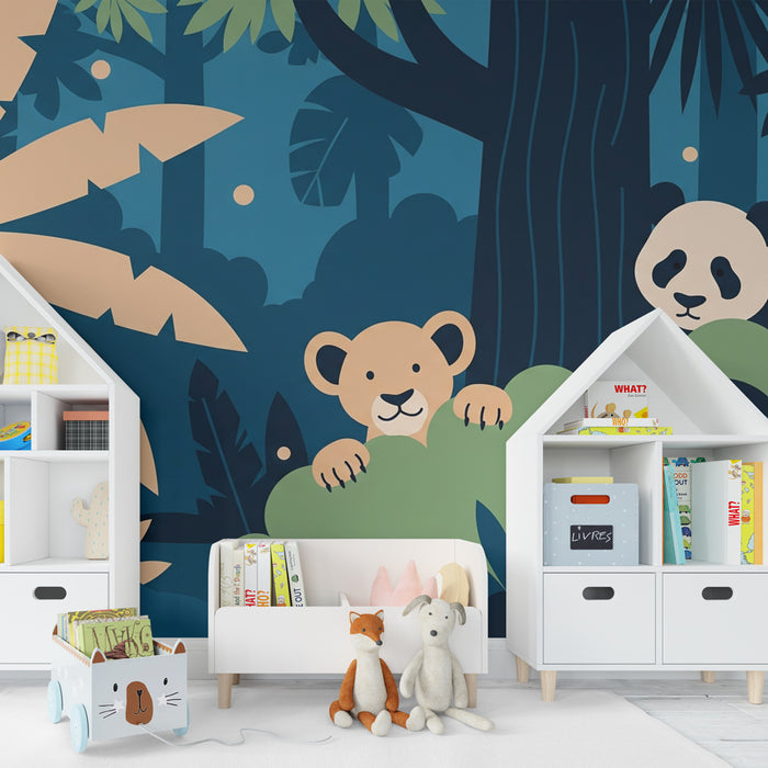 Carta da parati bambini | Animali della giungla in colori vivaci