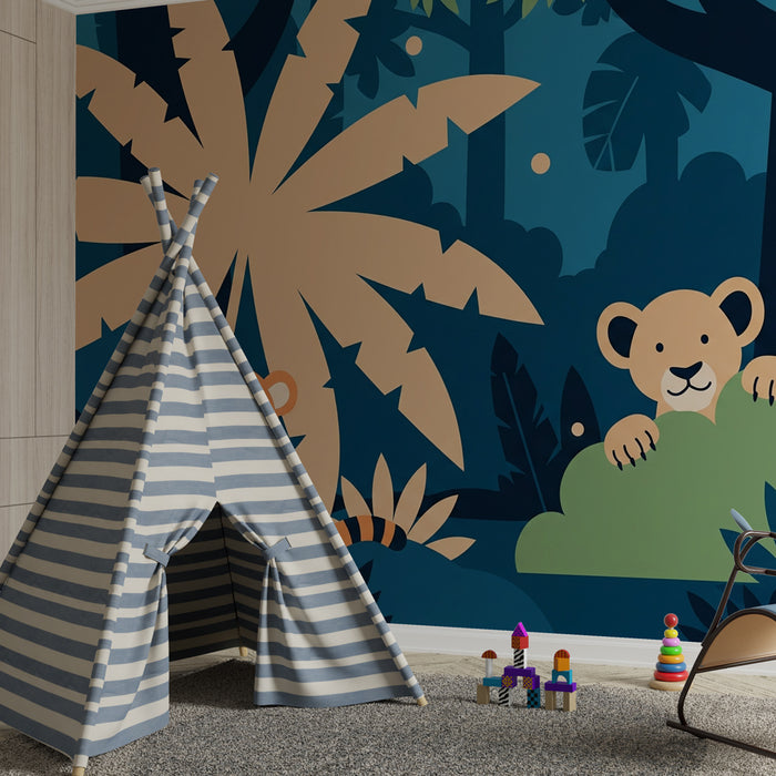 Carta da parati bambini | Animali della giungla in colori vivaci