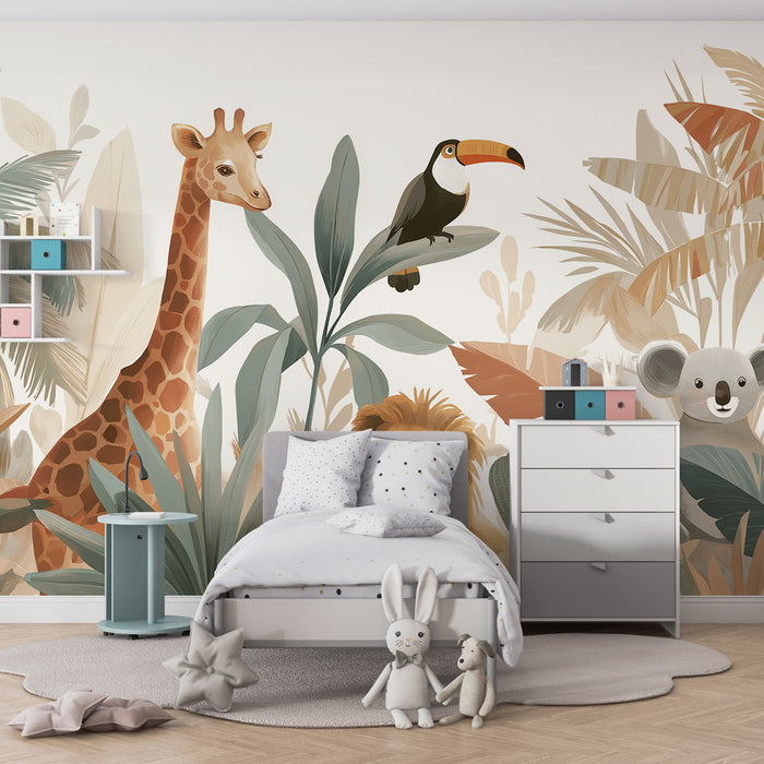 Papier peint chambre enfant | Animaux de la jungle en douceur