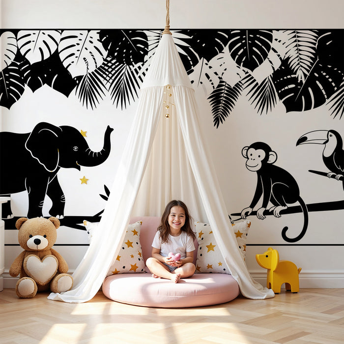 Kids room wallpaper | Jungle animals in black and white with lush foliage