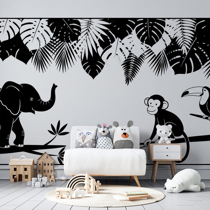 Kids room wallpaper | Jungle animals in black and white with lush foliage