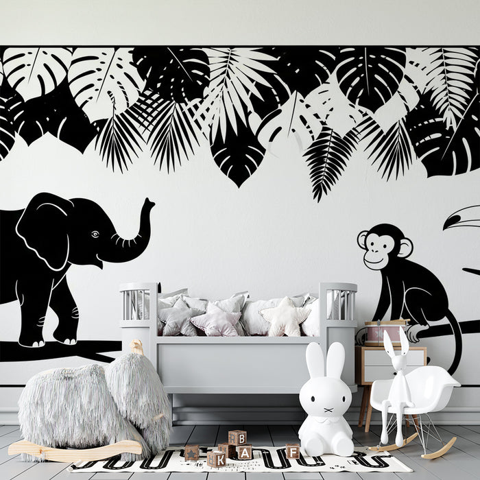 Kids room wallpaper | Jungle animals in black and white with lush foliage