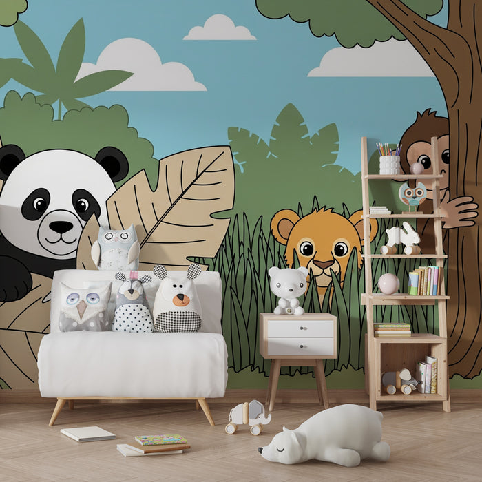 Kids room wallpaper | Jungle animals playing hide and seek