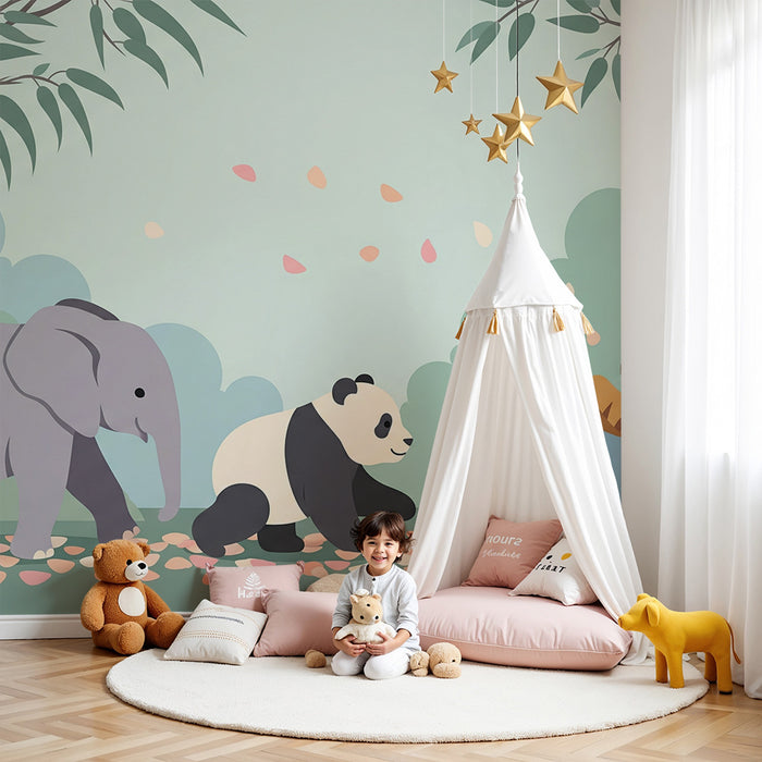 Papel pintado infantil | Animales de la jungla en plena aventura