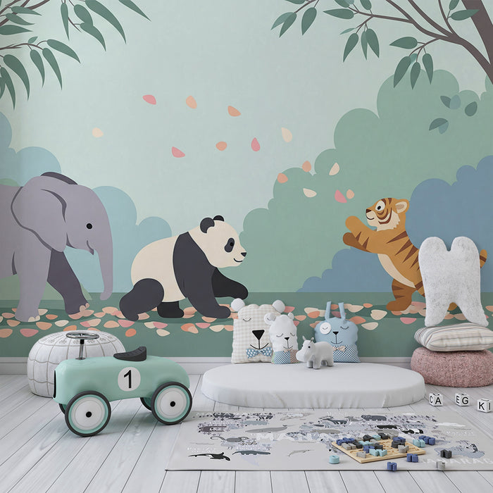 Papel pintado infantil | Animales de la jungla en plena aventura