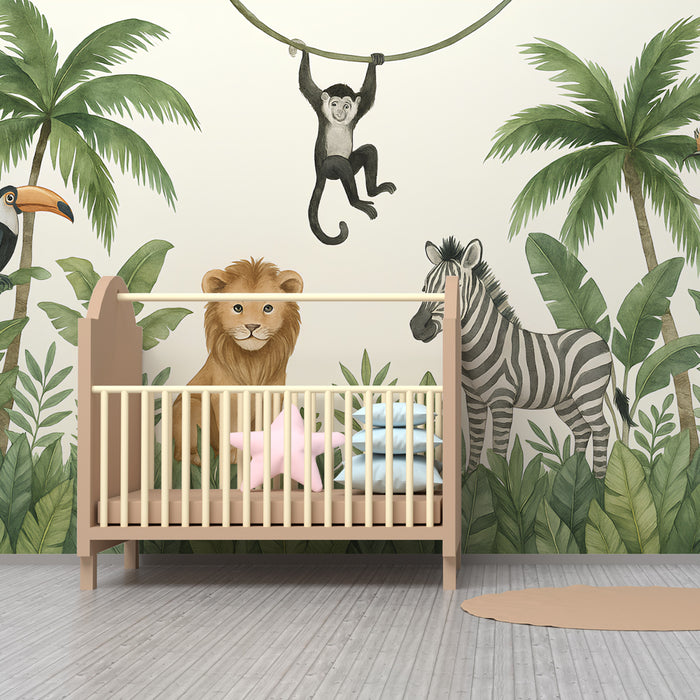 Papel pintado infantil | Animales de la jungla en plena aventura