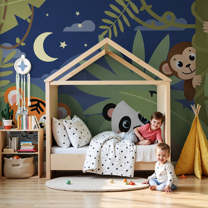 Kids room wallpaper | Jungle animals in the middle of the night