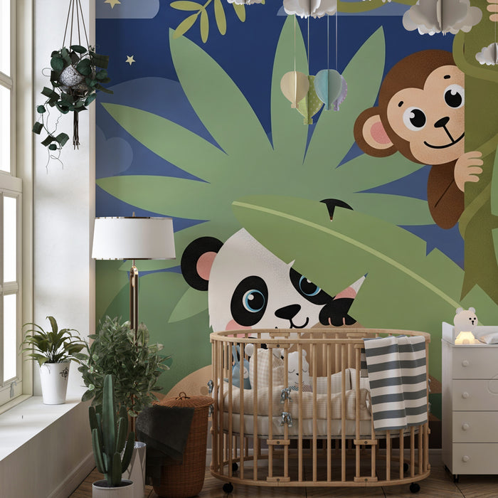 Kids room wallpaper | Jungle animals in the middle of the night