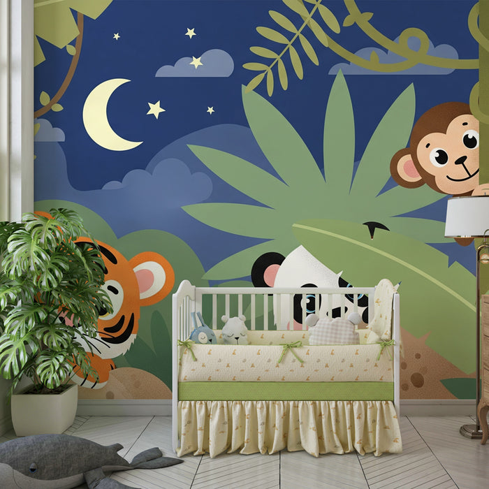 Kids room wallpaper | Jungle animals in the middle of the night