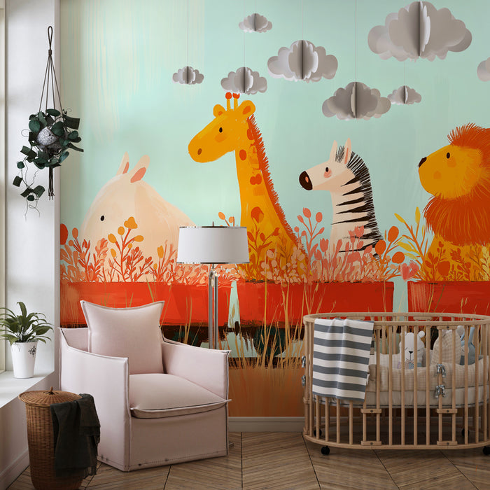 Kinderzimmer Tapete | Dschungeltiere im Wagen
