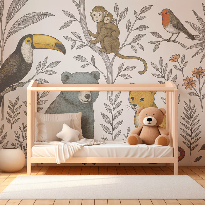 Papel de parede criança | Animais da selva e folhagem