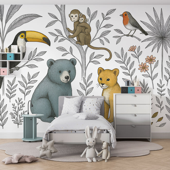 Papel de parede criança | Animais da selva e folhagem